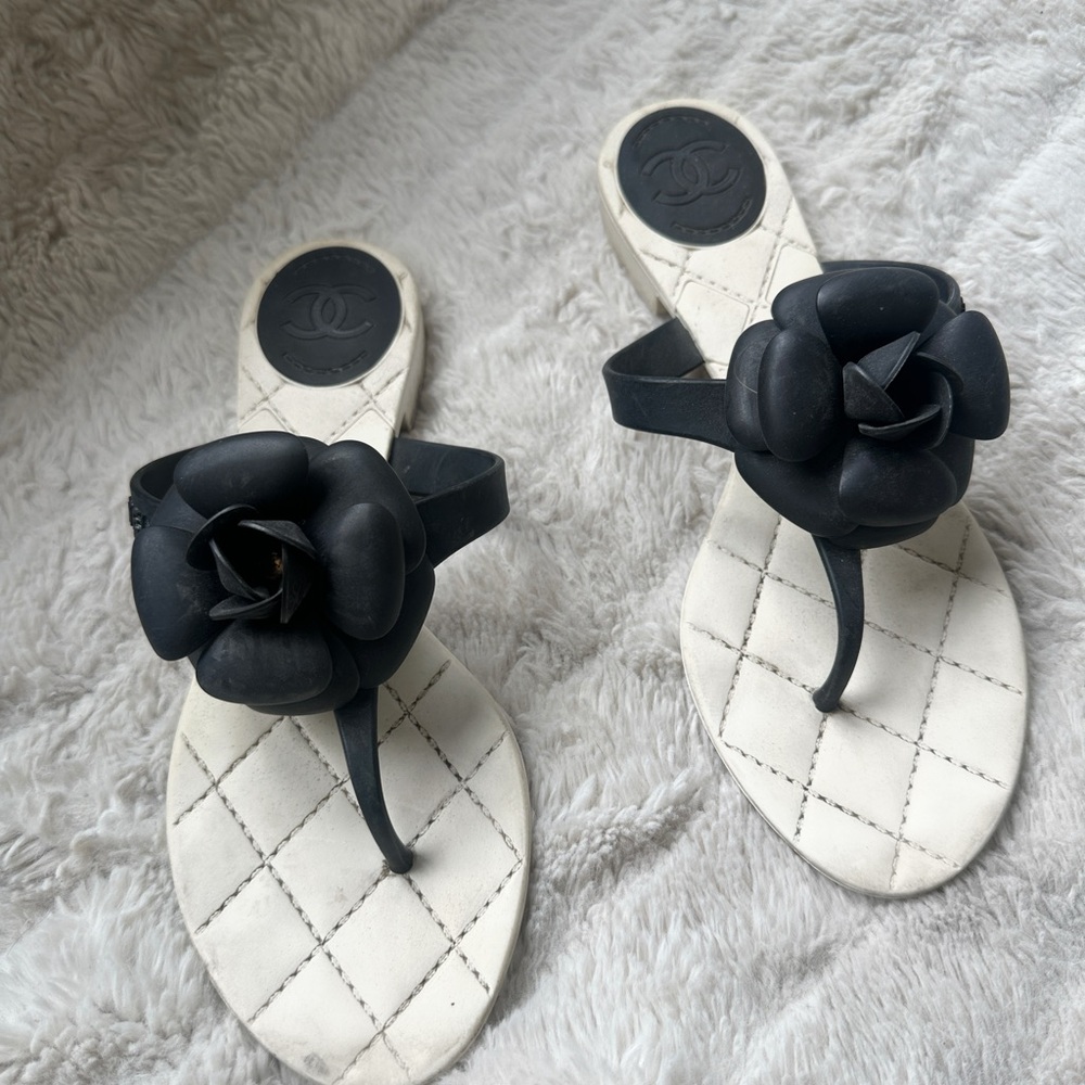 Chanel Black and White Floral Sandals